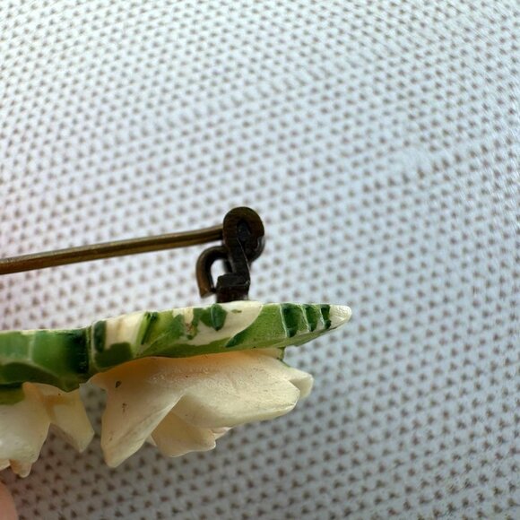 Antique Carved Celluloid Rose Floral Brooch - Picture 6 of 12